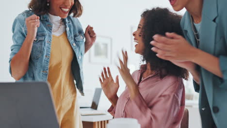 Laptop,-success-or-women-high-five-at-work