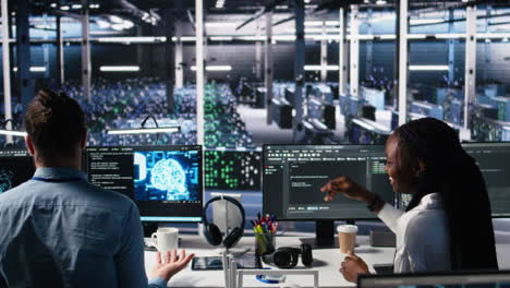 data center coworkers having fun in office, using ai