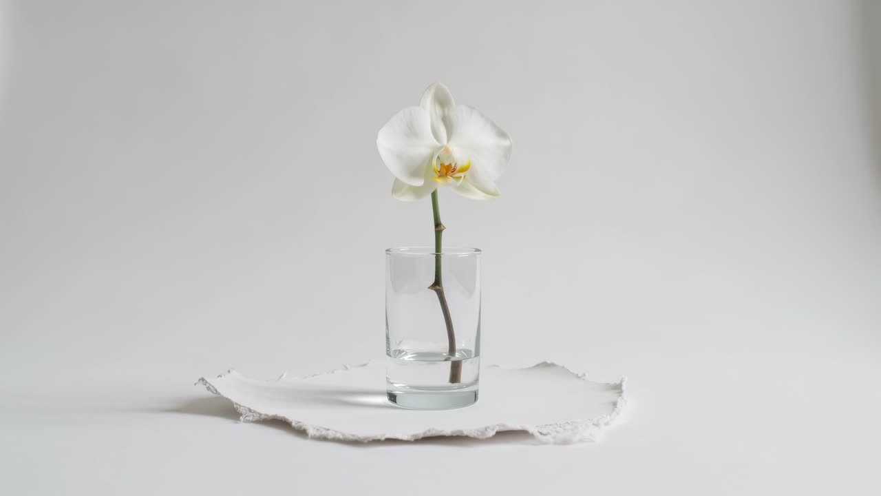 Frames moving showing white orchid bloom aligning stem on tabletop, with glass water and torn paper