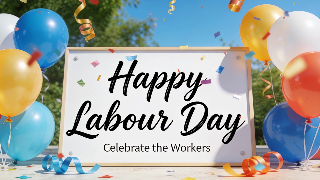 Coriandoli che fluttuano su un cartello "Buona Festa del Lavoro" su un tavolo, con palloncini che onorano i lavoratori.