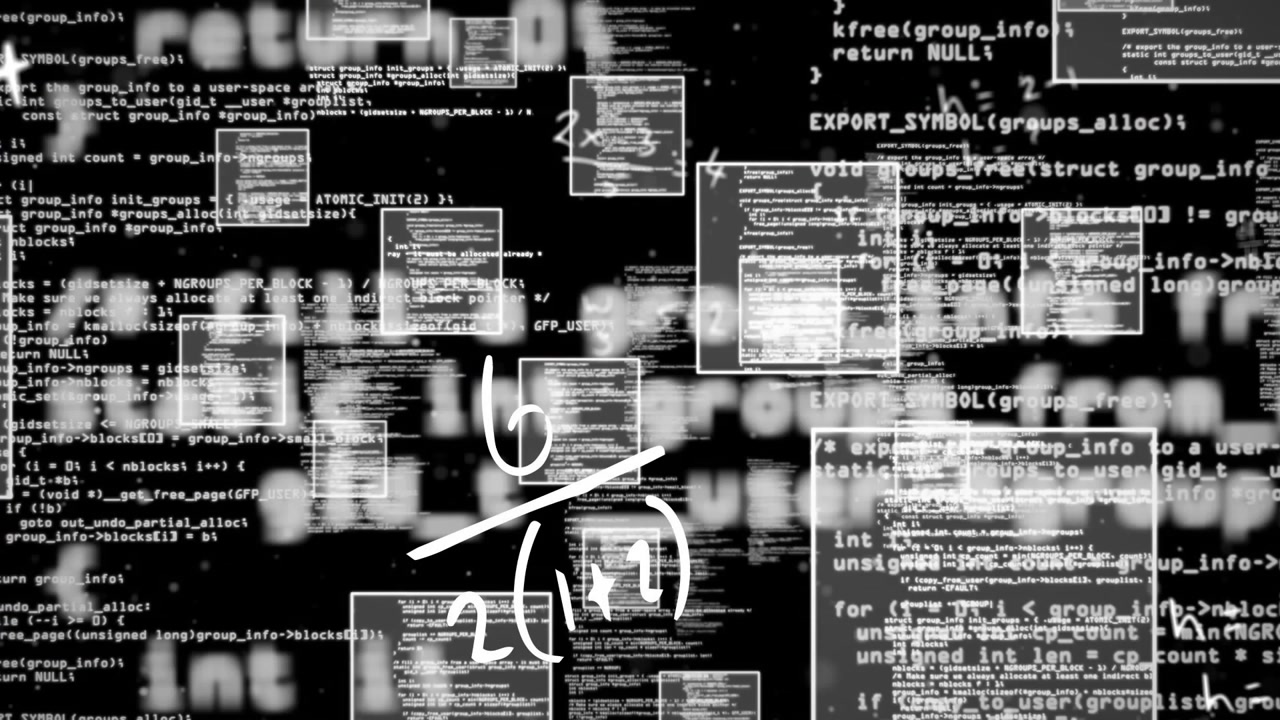 With void appearing, code windows drifting and equations animating visualizing processing flow