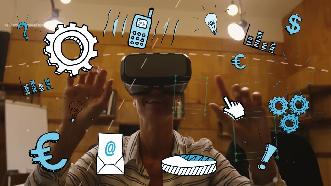Animation of network of connections with icons over businesswoman wearing vr headset