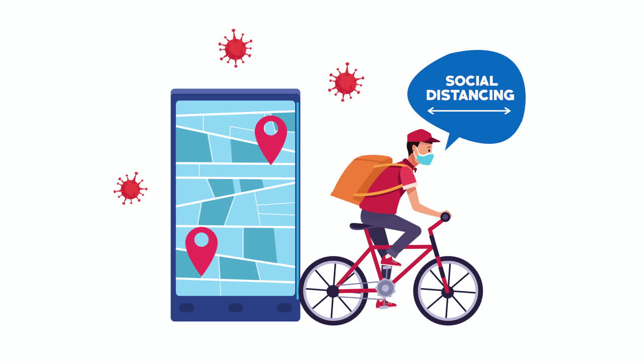 자전거 운송 노동자와 스마트폰으로 사회적 거리 두기 캠페인