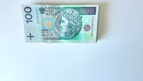 one hundred zloty, top view with copy space