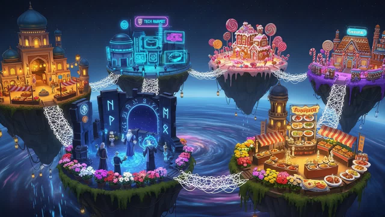 A Vibrant Fantasy World Unfolds: Magical Floating Islands with Colorful Markets and Enchanting Architecture in a Whimsical Universe of Delight