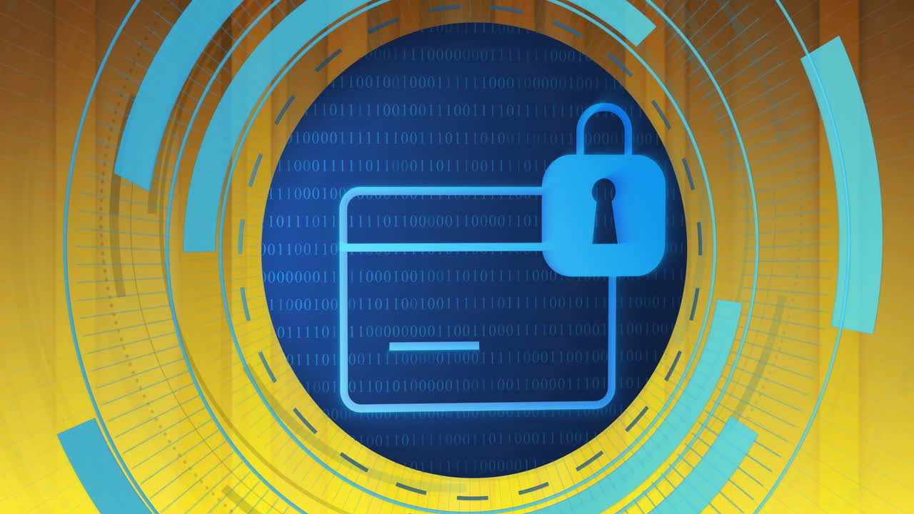 circular el escáner azul sobre la tarjeta de crédito y el icono del candado sobre fondo amarillo