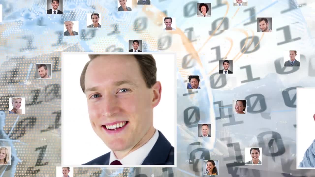 데이터 처리를 통해 사람들의 사진을 가진 연결 네트워크의 애니메이션