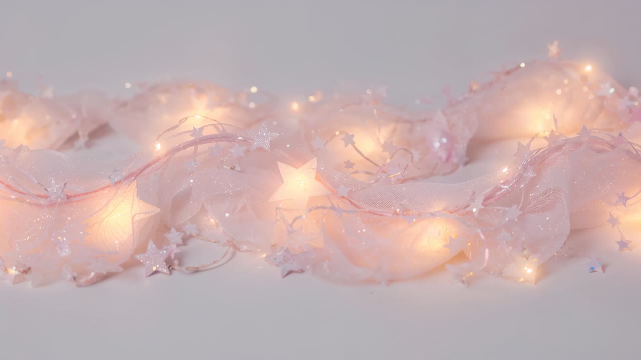 Plugged-in pulsing garland glowing within pink ribbon on tabletop, star LED bulbs twinkling