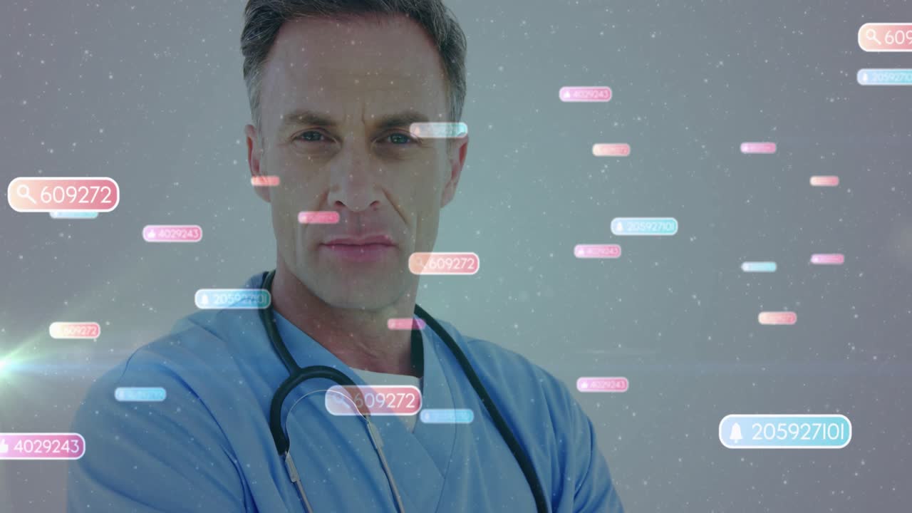 Professionista sanitario uomo che analizza barre digitali fluttuanti ed etichette numeriche su una parete grigia.