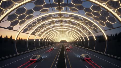 futuristic highway: journey through a high-tech tunnel enhanced by solar panels and dynamic lighting, featuring advanced vehicles in a beautiful sunset setting