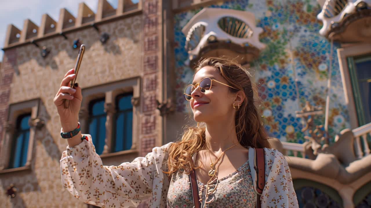 Giovane donna allegra che si scatta un selfie con il suo smartphone davanti a un colorato edificio storico, godendosi una giornata di sole tra visite turistiche e turismo urbano in un vivace contesto cittadino.