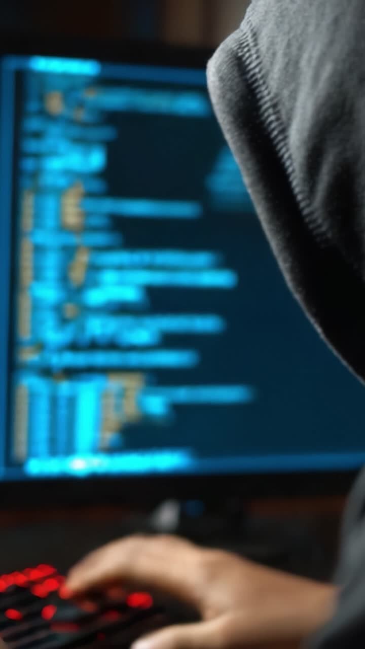 A Mysterious Digital Encounter: An Individual Engrossed in Coding and Cybersecurity with a Hooded Attire, Illuminated by a Brightly Lit Computer Screen