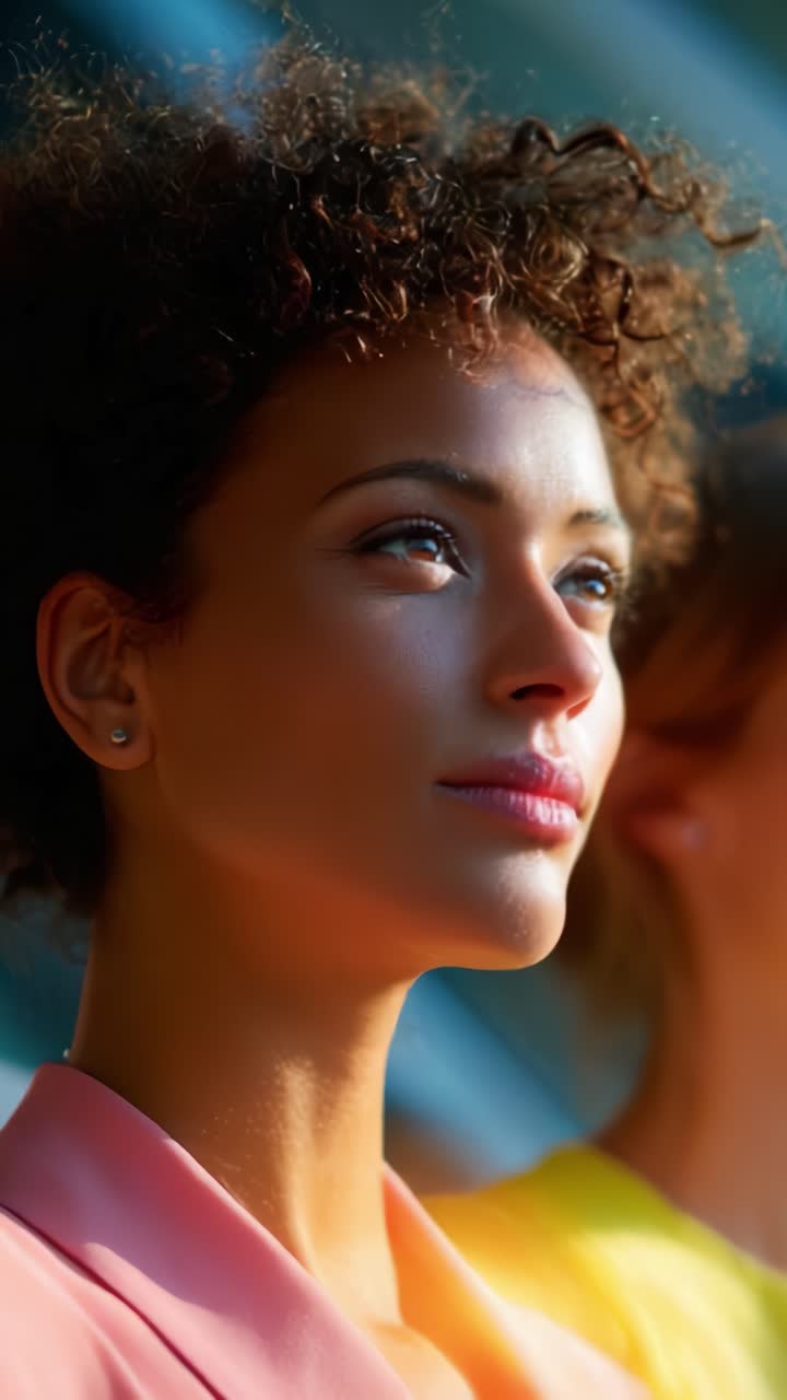 Um momento sereno: capturando a expressão tranquila de uma jovem mulher com cabelos cacheados em um ambiente com iluminação suave
