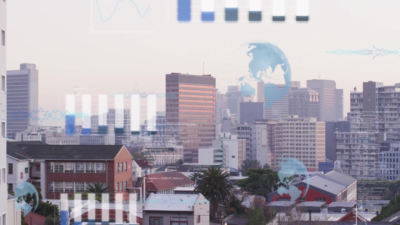 データ処理のアニメーションと都市風景の空中映像