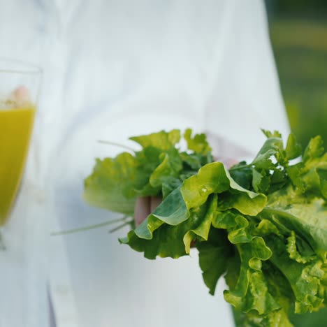 La-Niña-Sostiene-Un-Vaso-De-Cóctel-Verde-Y-Lechuga