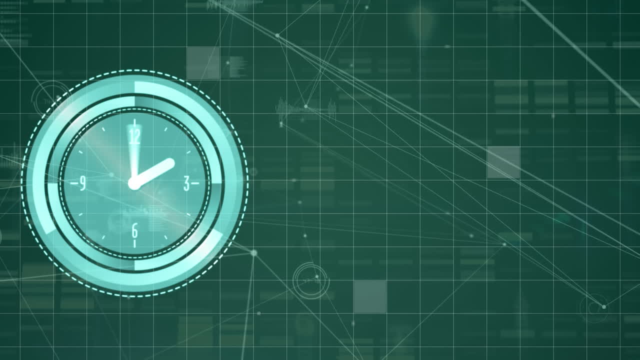 Animazione di un orologio al neon che ticchetta e elaborazione dati su una rete a griglia su sfondo verde.