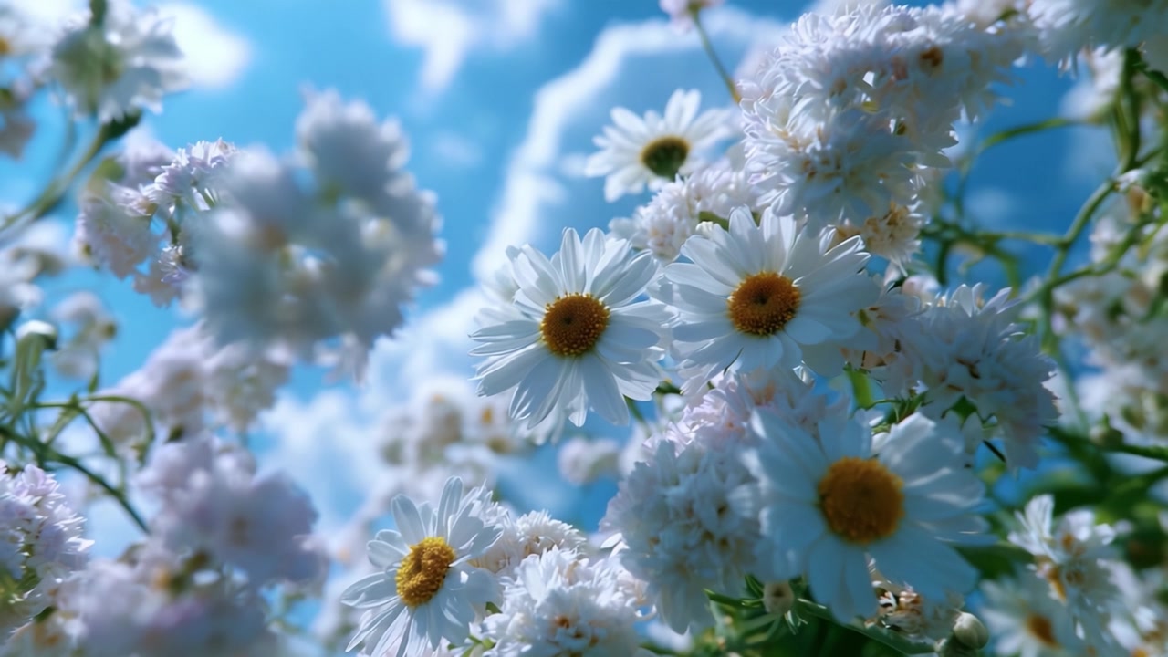 Una splendida distesa di margherite bianche sotto un cielo azzurro brillante, che cattura la bellezza eterea e la serenità dello splendore floreale della natura.