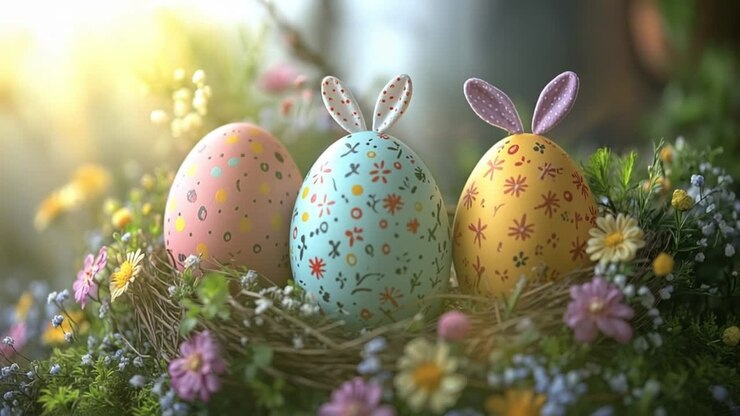 Easter Eggs in a Nest Decorated with Flowers