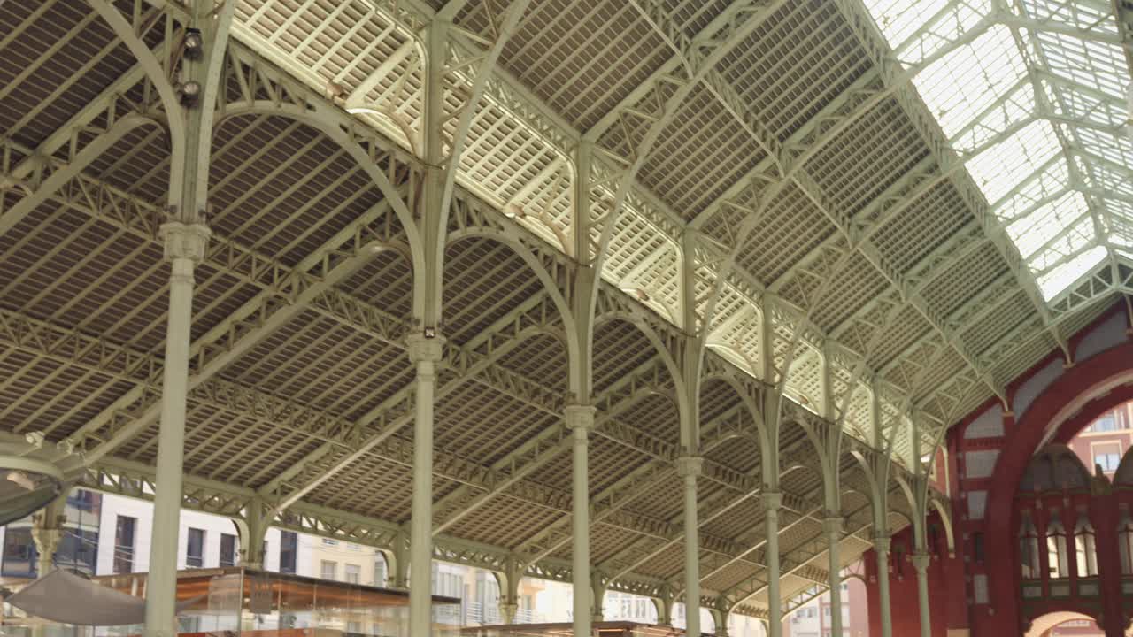 Details of the metal structure of the roof of Col&oacute;n Market, historic landmark in Valencia, Spain