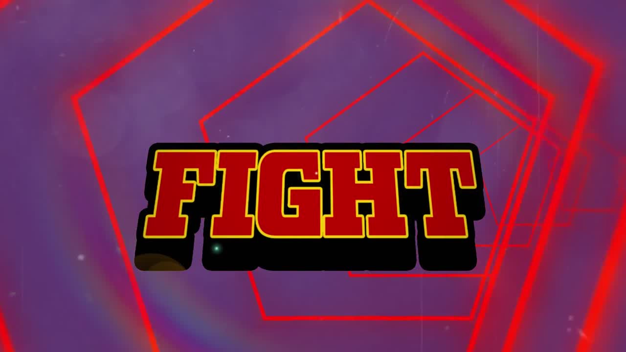 다채로운 패턴을 가진 배경 위에 싸움 텍스트의 애니메이션