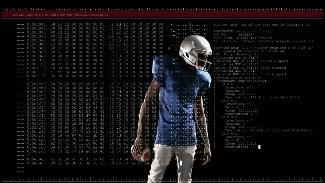 American football player standing over digital code and data processing animation
