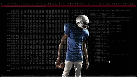 American football player standing over digital code and data processing animation