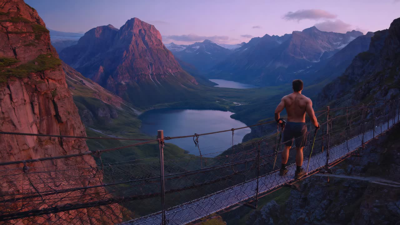 Man on Suspension Bridge in Mountain Landscape