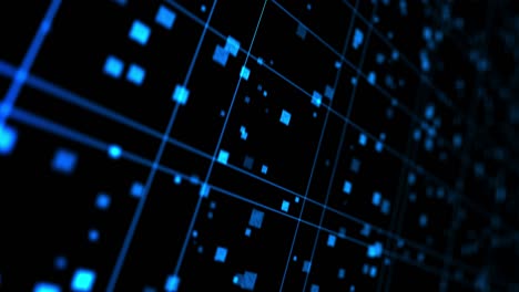 tecnología brillante de líneas de neón azul. concepto de negocio. representación 3d de cuadrados giratorios que se cruzan en fondo negro. animación de bucle.