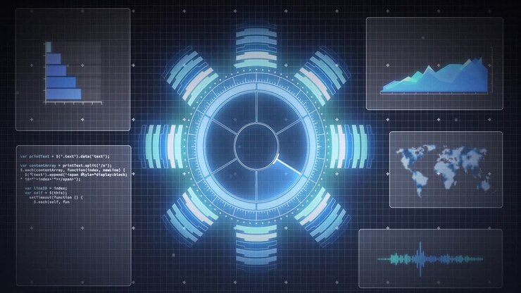 Animation of scope scanning, world map and data processing on screens over grid