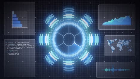 animation of scope scanning, world map and data processing on screens over grid