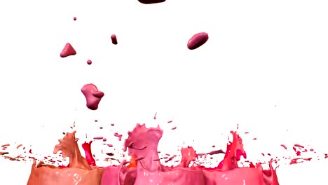 Paints dance with time slowdown on white background. Simulation of 3d splashes of ink on a musical speaker that play music. Splashes as a bright background in ultra high quality 4k. shades of red 15