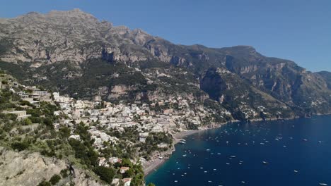 Amalfi-Coast,-DJI-Drone,-Beach,-City,-Mountains-and-Boats