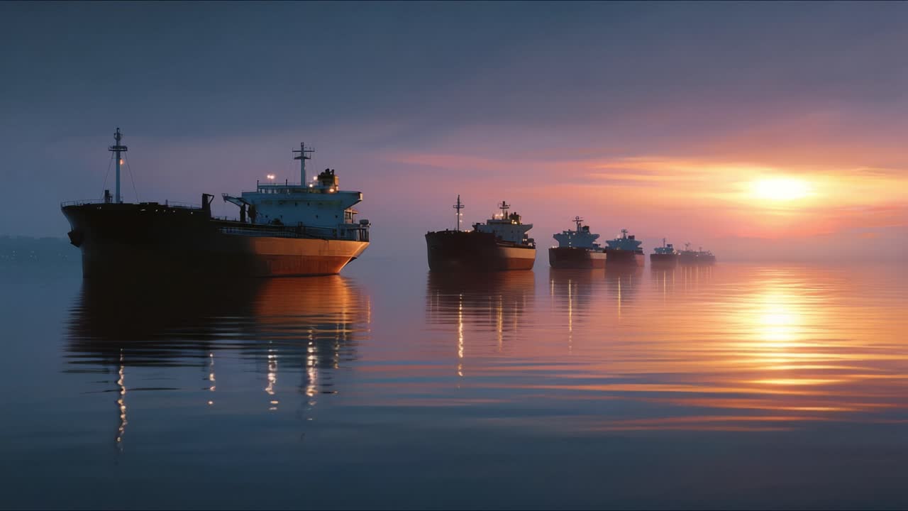 Solopgang over roligt hav med skibe på række. Varmt lys reflekteres på vandet og skaber en fredelig stemning. Fartøjer virker stillestående, hvilket antyder en stille morgenafgang. Ideel til rejser, maritim.