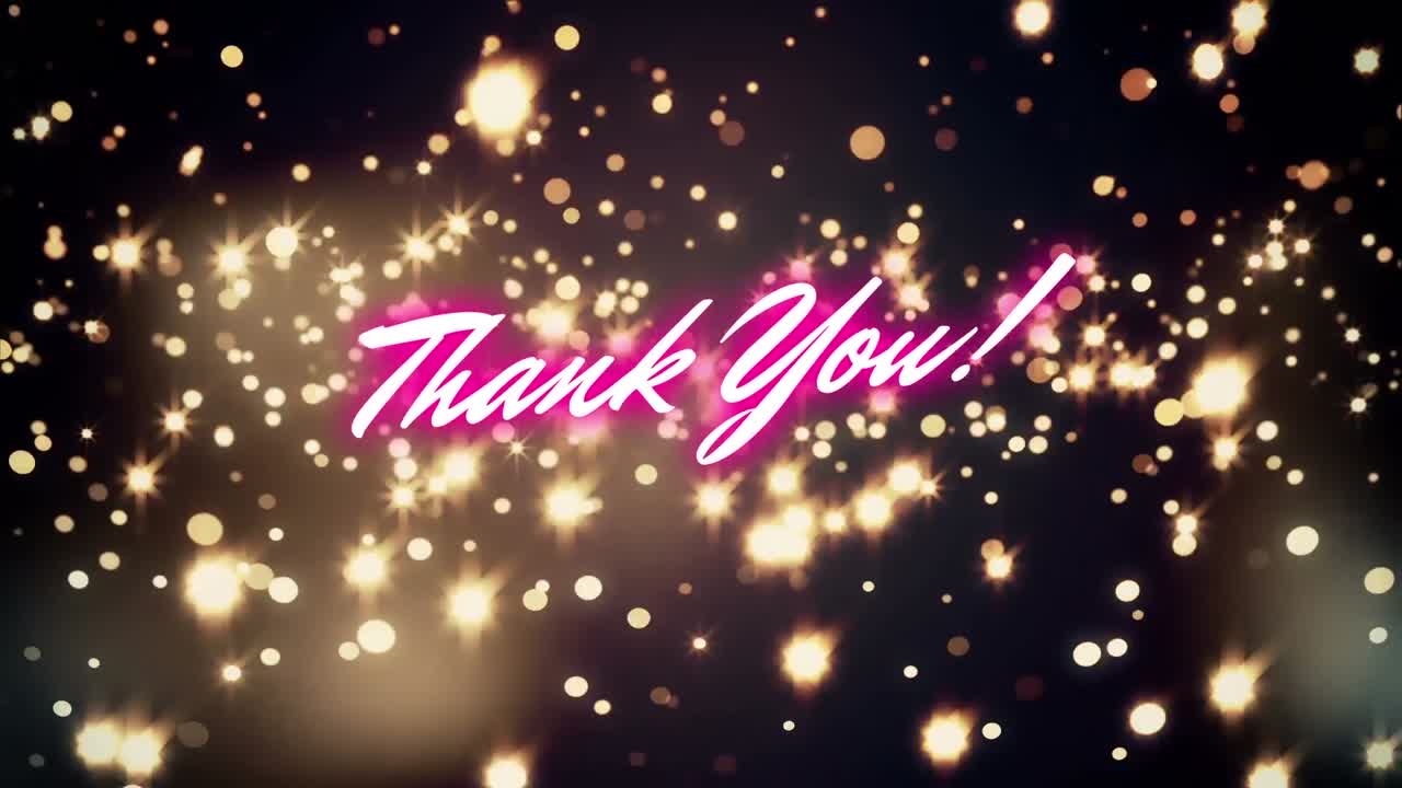 검은색 배경의 밝은 반점 위에 감사 텍스트의 애니메이션