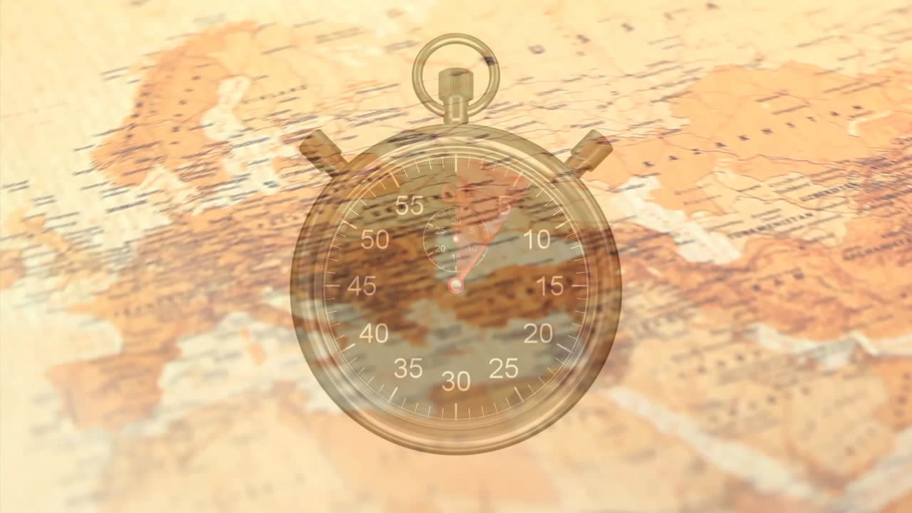 회전하는 세계 지도와 나침반 위의 타이머의 애니메이션