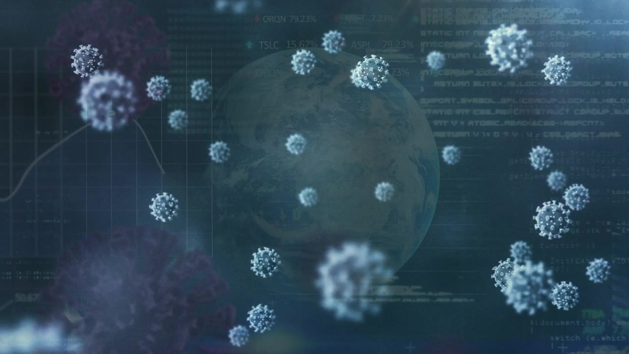 Animazione di cellule del virus COVID-19 su elaborazione dati e globo su sfondo blu.