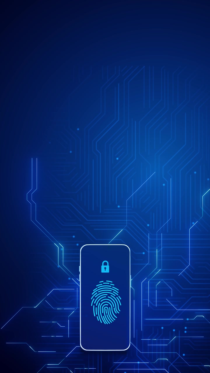 Mobile fingerprint security background with blue circuit board lines lock icon phone screen and wide
