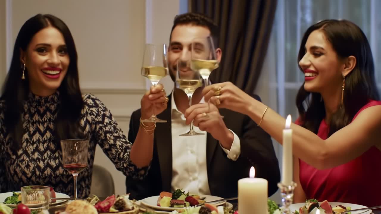 Friends Celebrate Together at a Stylish Dinner With Toasts and Laughter in an Elegant Setting