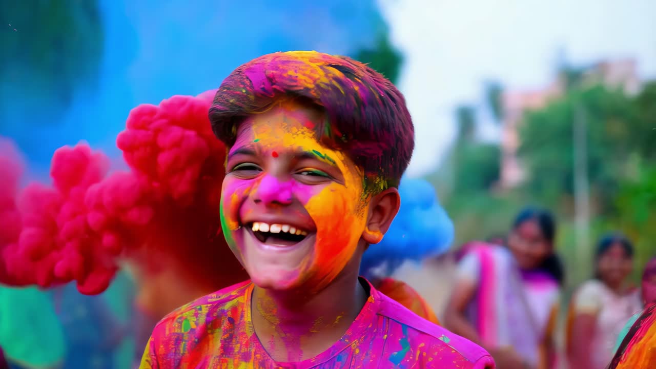 Un bambino felice che celebra Holi