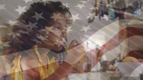 Animation-of-flag-of-usa-over-happy-african-american-girl-drinking