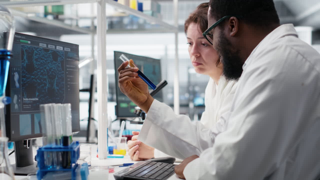 Vertical video Team of lab chemical engineers inspecting clarity of chemical solution