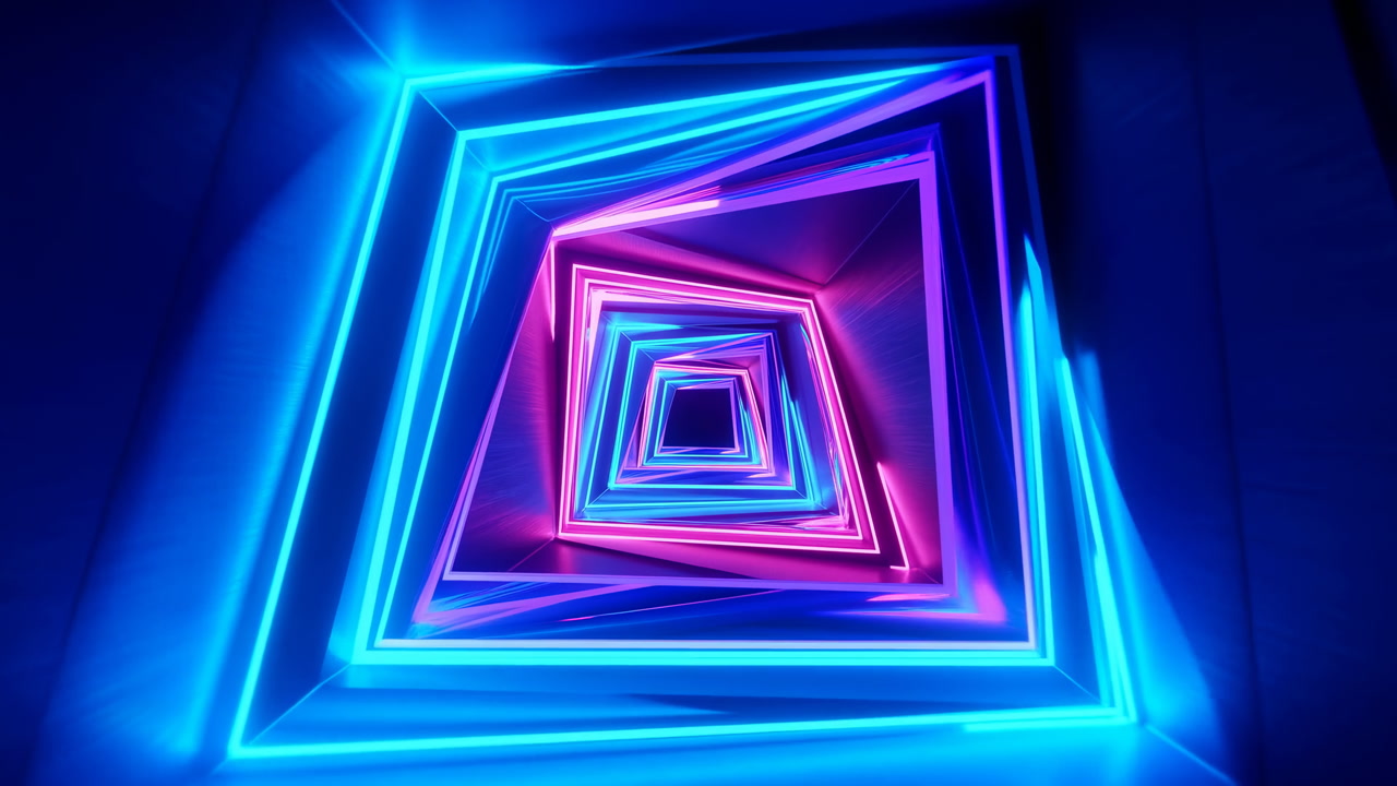 Neon Square Tunnel With Pulsating Lights, Endless Geometric Corridor Of Cyan And Magenta Led Frames Spiraling