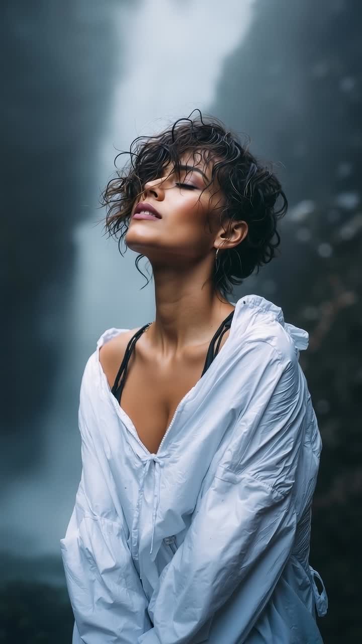 A woman standing in front of a waterfall in the rain