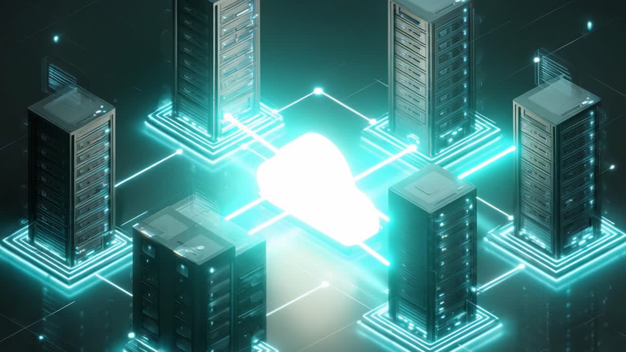 A Dynamic Network Architecture Featuring Centralized Cloud Processing and Multiple Data Servers, Illustrating Modern Digital Infrastructure and Cloud Computing Capabilities