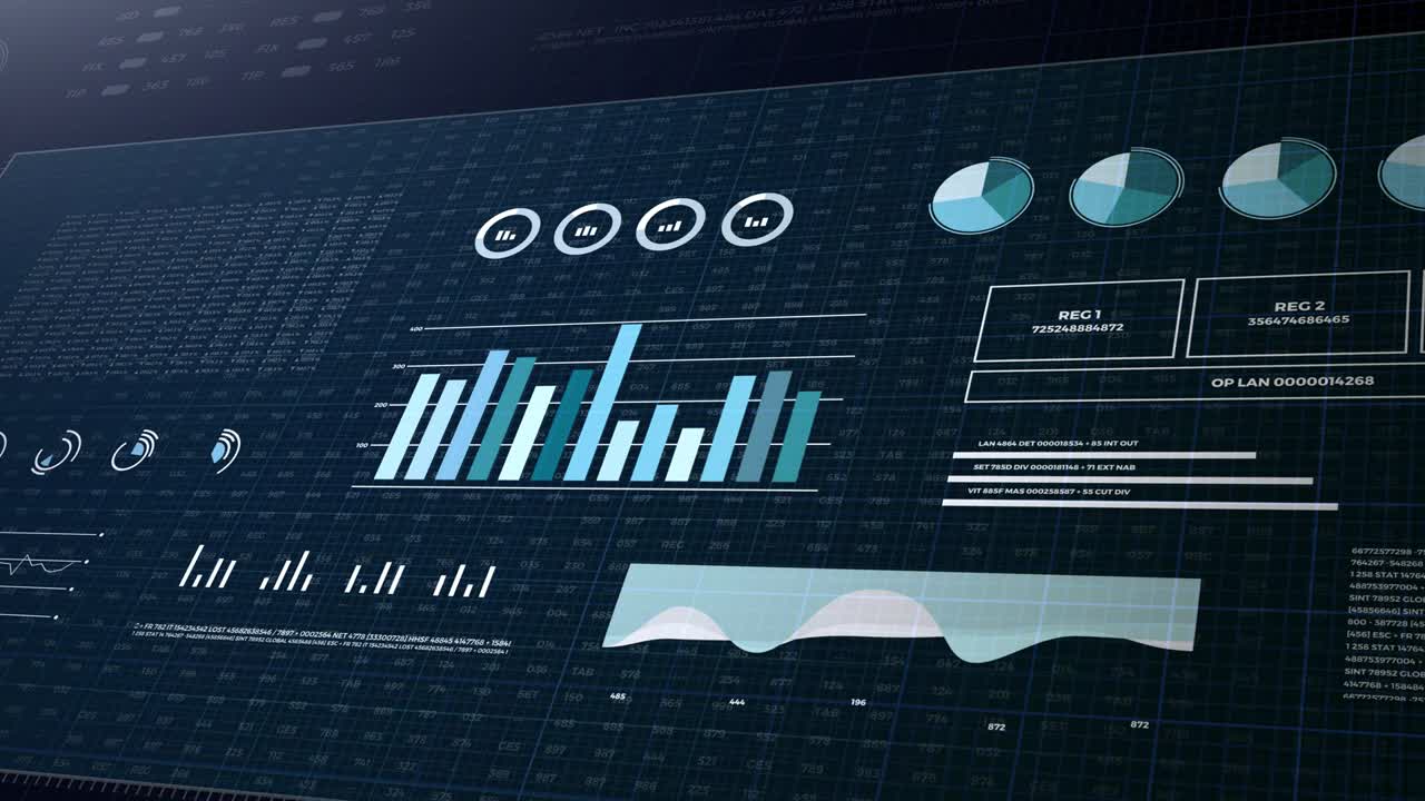 hud monitor de visualización 3d. estadísticas, datos del mercado financiero, análisis e informes, números y gráficos. video de apertura animado en bucle.