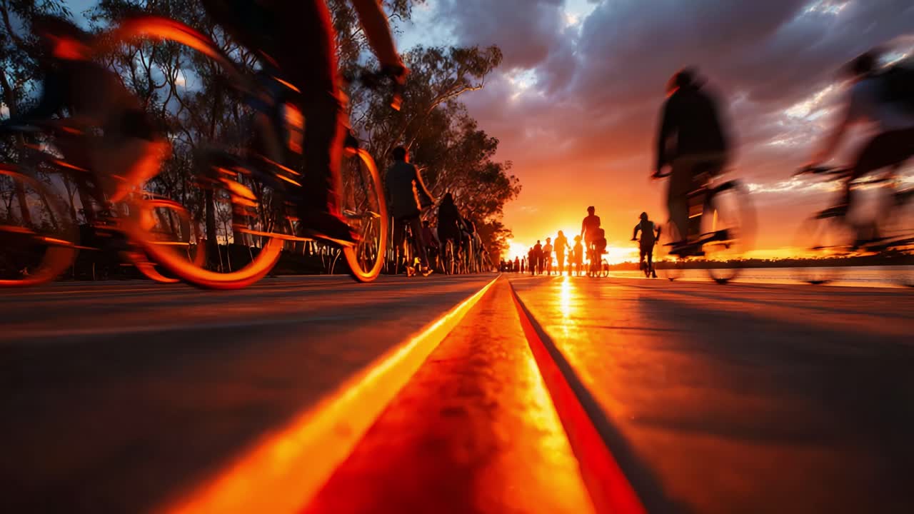 A Vibrant Sunset Scene of Cyclists and Pedestrians Freely Moving Along a Path, Surrounded by Lush Trees and Bathed in Warm, Golden Light, Capturing the Essence of Evening Outdoor Activities