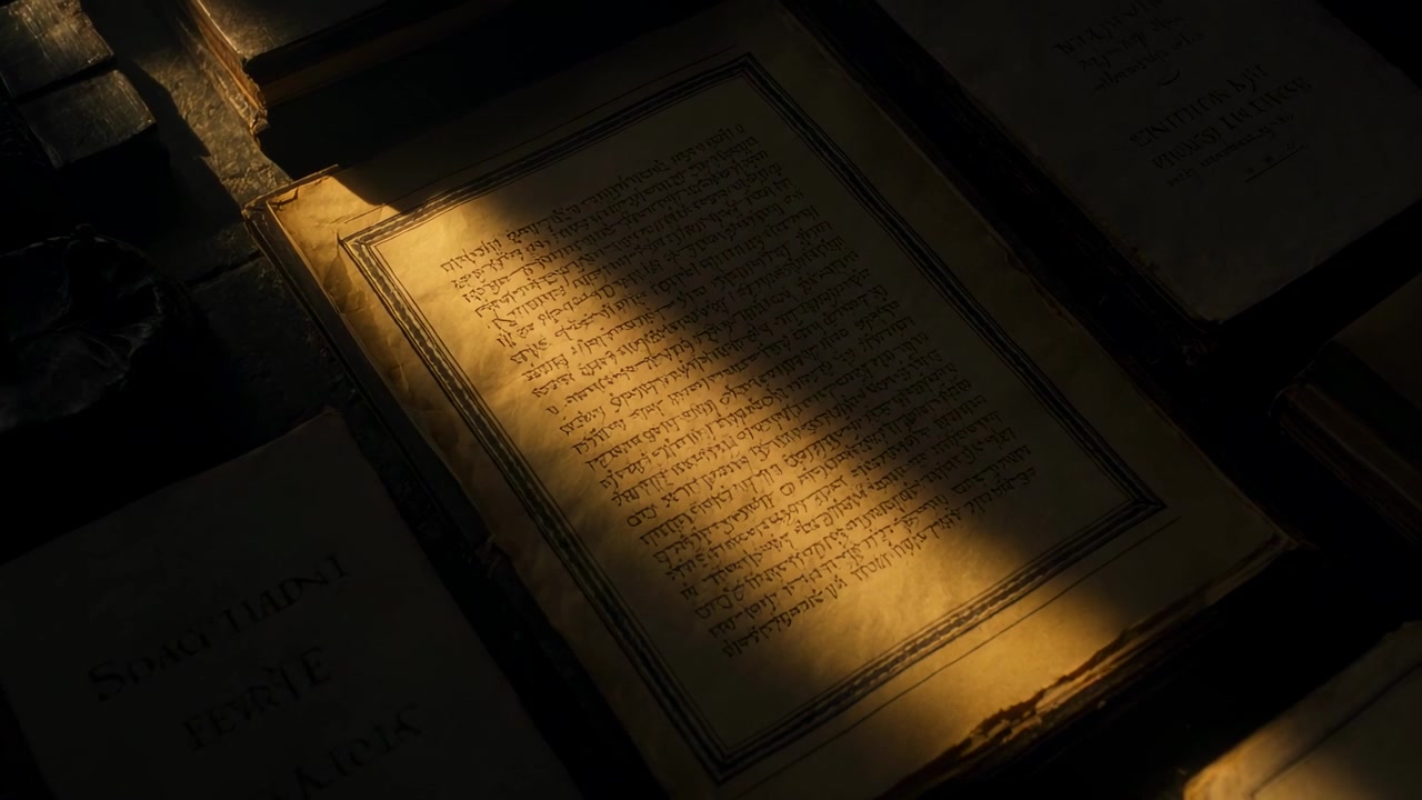 La luce solare cangiante inonda un libro antico aperto con stampa bordata su un tavolo di legno, rivelando pagine marroni e una bussola.