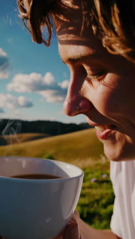 disfrutando de una taza de café en las montañas