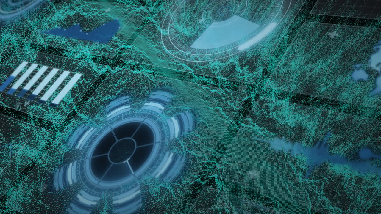 Futuristic digital interface with circular patterns and green wave animations