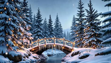 enchanting snowy winter bridge with festive lights